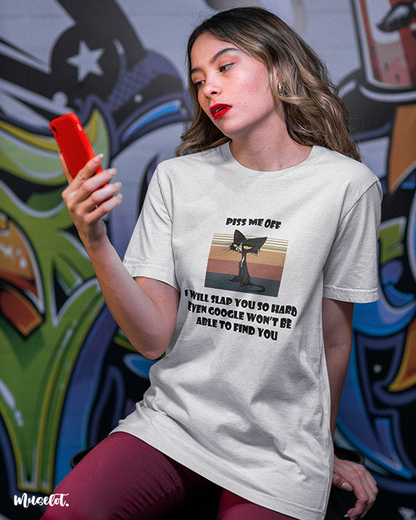 Muselot's don't piss me off printed t shirts for men and women in white colour