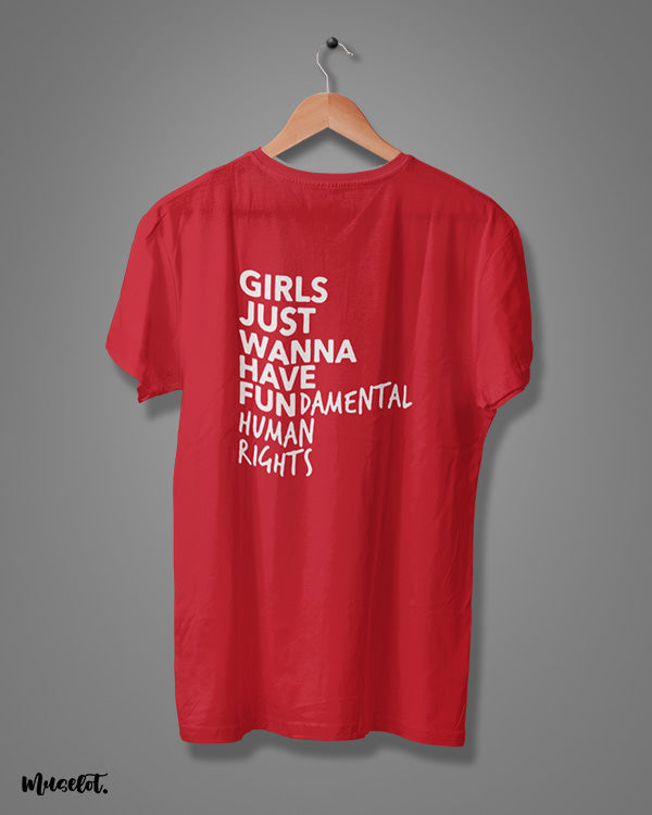 Girl's just wanna have fundamental human rights printed t shirts for women in orange colour  - Muselot