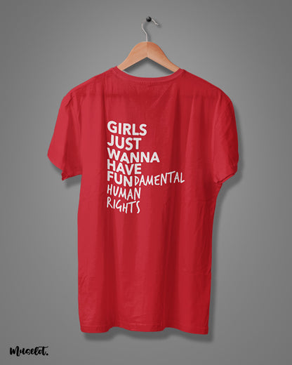 Girl's just wanna have fundamental human rights printed t shirts for women in orange colour  - Muselot