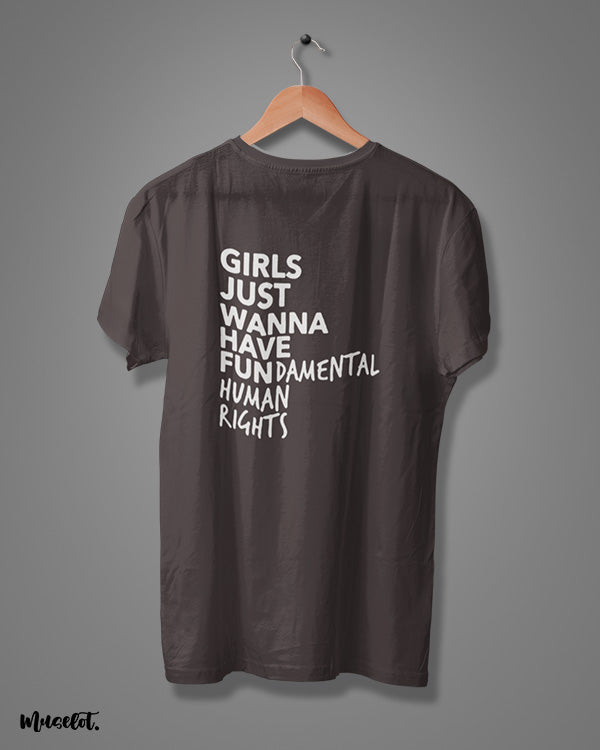Girl's just wanna have fundamental human rights printed t shirts for women in charcoal grey - Muselot