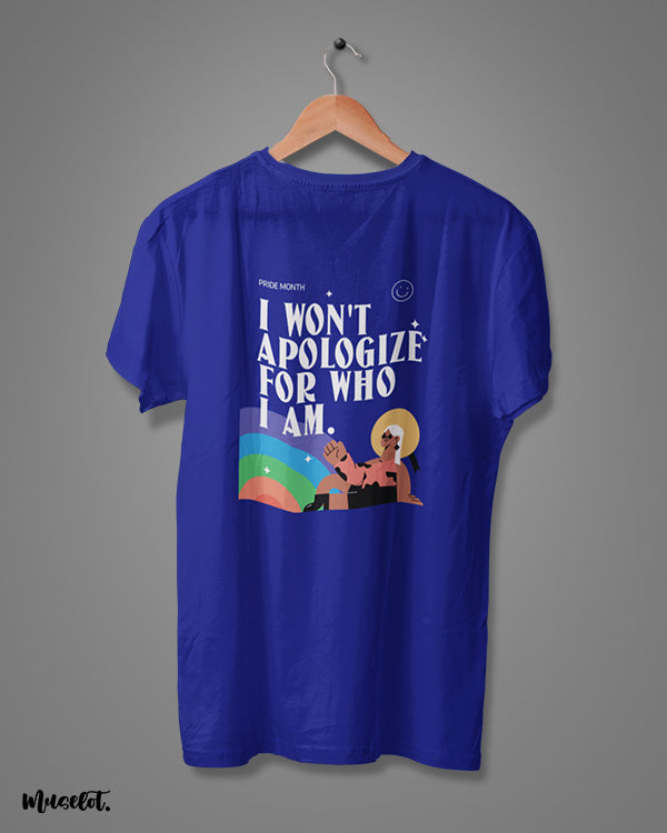 I won't apologize for who I am graphic design illustration printed t shirt for pride in navy blue colour by Muselot