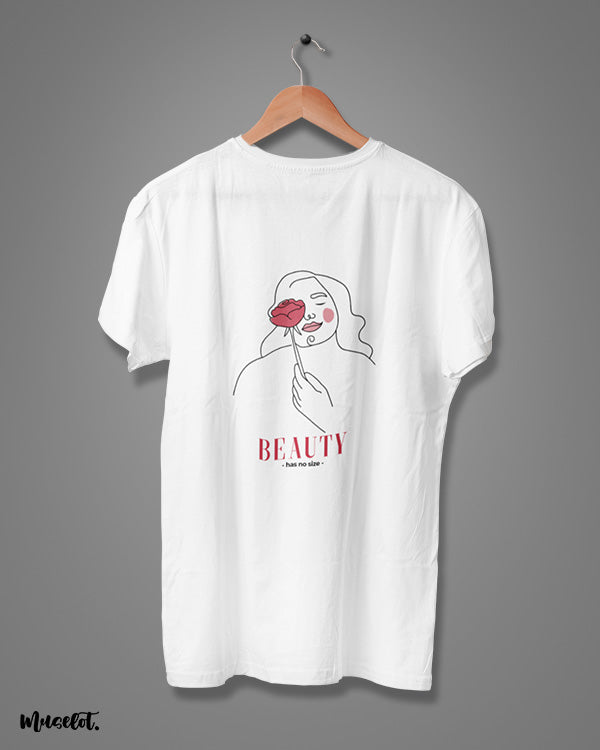 Beauty has no size printed design illustrated t shirt in white colour for body positivity to support plus size women