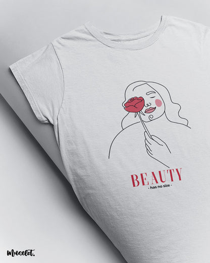 Beauty has no size printed design illustrated t shirt in white colour for body positivity to support plus size women