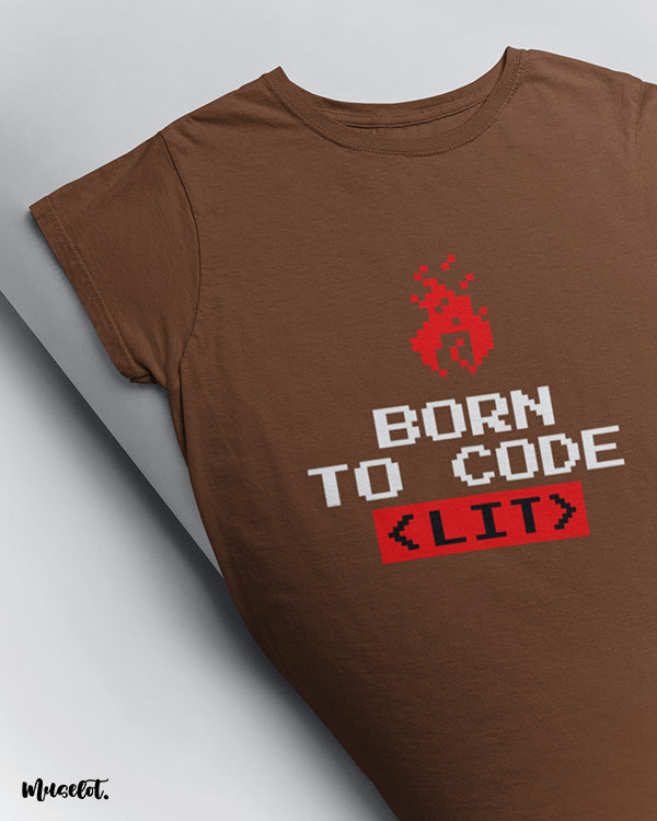 Born to code graphic design illustrated t shirt in coffee brown colour for coders at Muselot