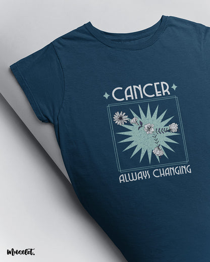 Cancer always changing zodiac design illustrated printed t shirt in navy blue colour at Muselot