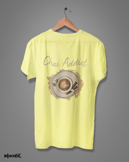 Chai addict illustrated printed t shirt in butter yellow colour for men and women who love tea by Muselot