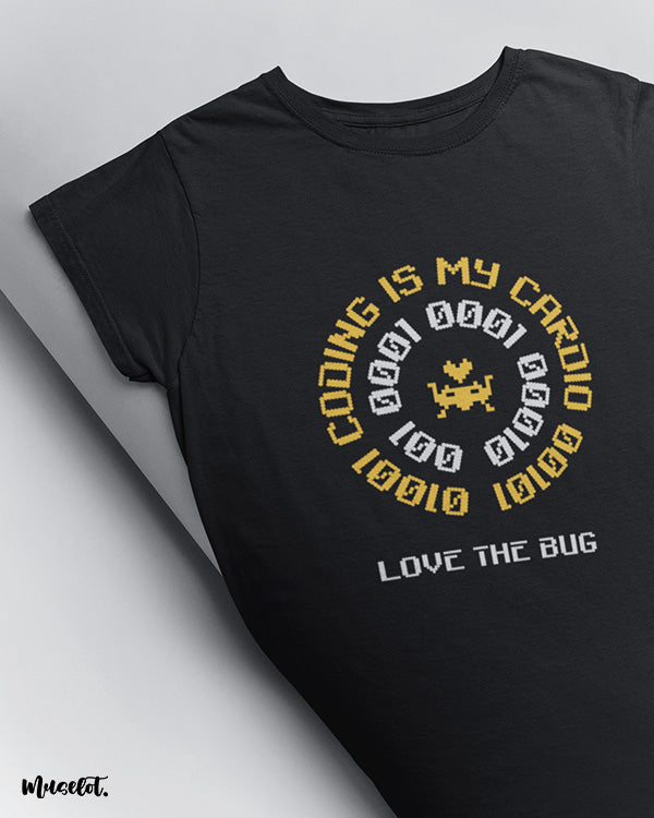 Coding is my cardio, love the bugs funny design illustrated black printed t shirt for coders at Muselot