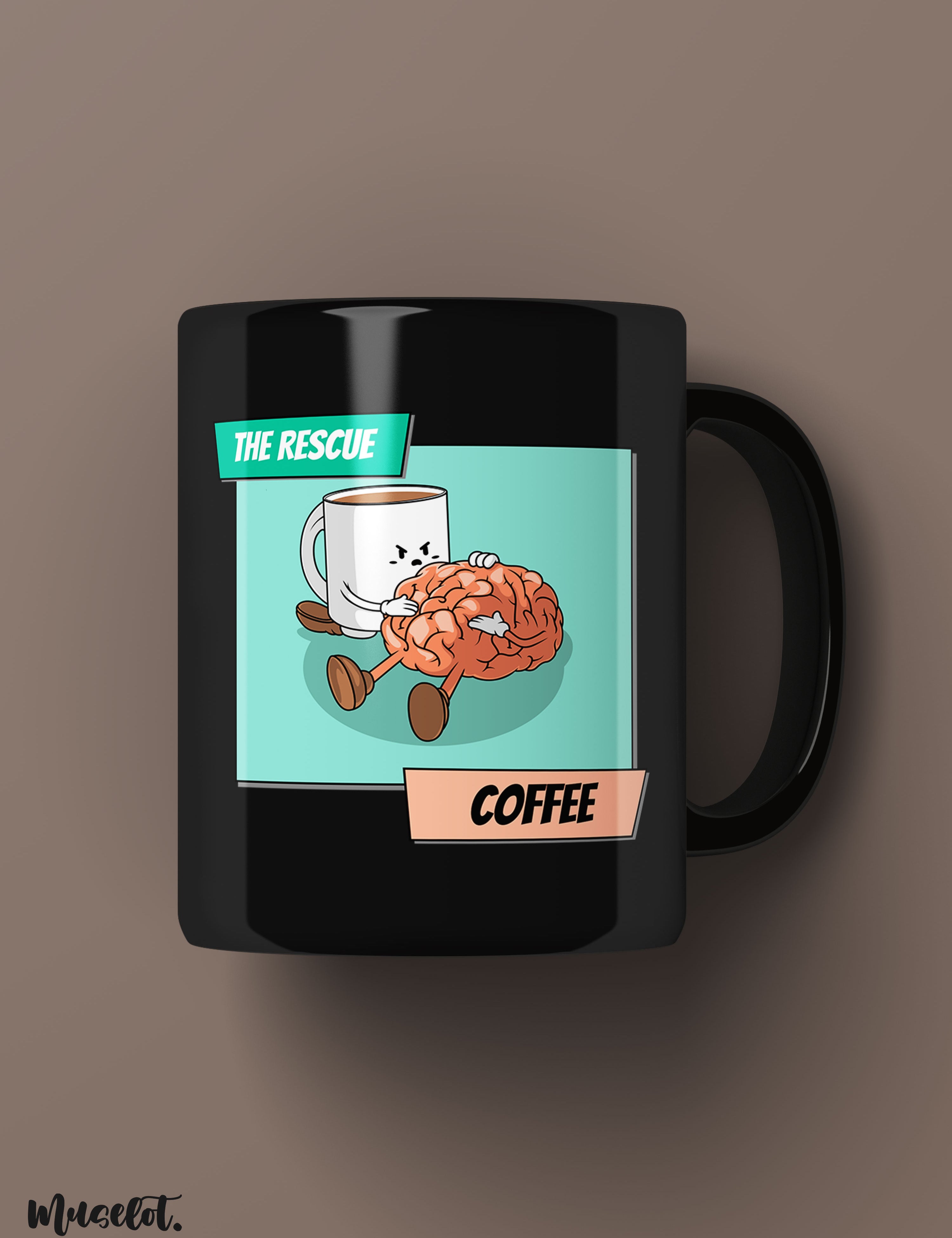 The rescuer - Coffee funny design illustrated printed black mugs at Muselot
