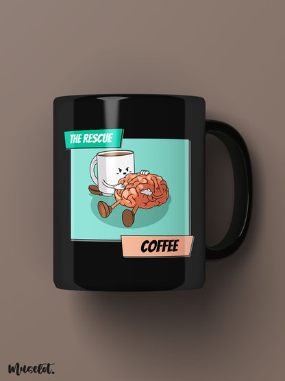 The rescuer - Coffee funny design illustrated printed black mugs at Muselot