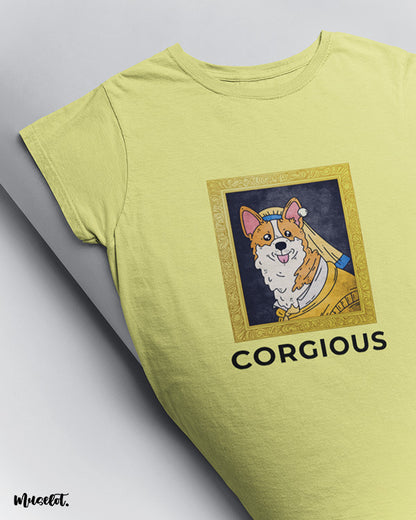 Corgious design illustrated printed t shirts in butter yellow colour for corgi lovers at Muselot