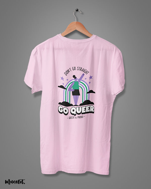 Don't go straight, go queer design illustration printed t shirts in light pink colour for LGBTQ+ pride by Muselot