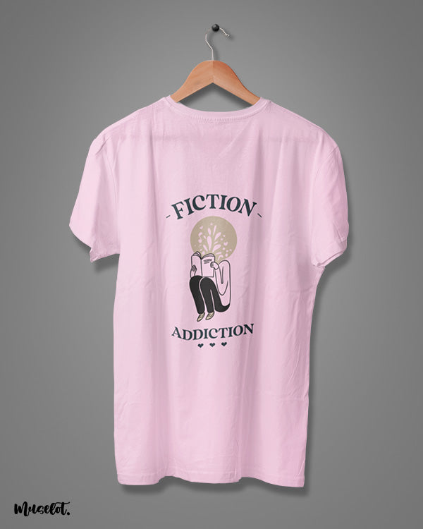 Fiction addiction design illustrated printed t shirt in light pink colour at Muselot for book lovers 
