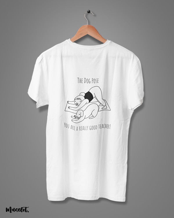 The funny dog pose illustration printed t shirt in white colour for dog and yoga lovers at Muselot