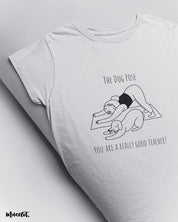 The funny dog pose illustration printed t shirt in white colour for dog and yoga lovers at Muselot