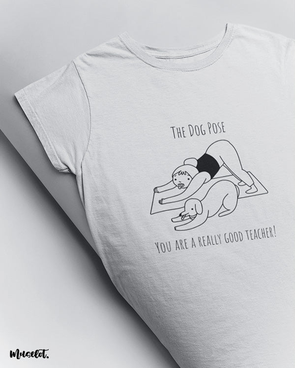 The funny dog pose illustration printed t shirt in white colour for dog and yoga lovers at Muselot