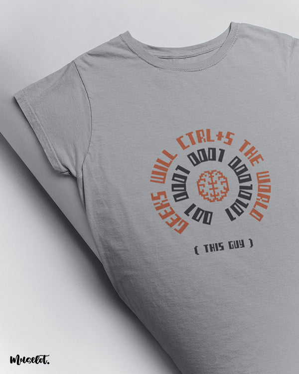 Geeks will ctrl+s the world funny illustrated printed t shirt in melange grey colour for geeks at Muselot