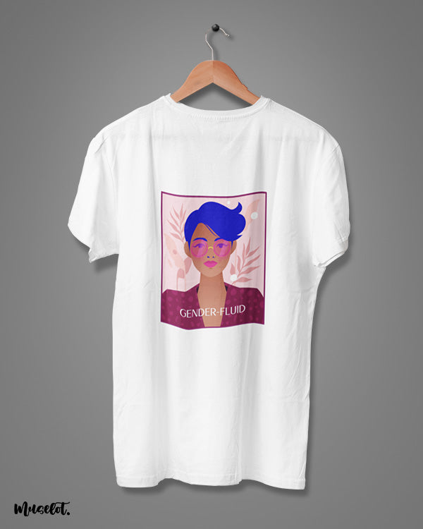 Gender fluid design illustrated graphic t shirt in white colour for LGBTQ+ pride community at Muselot