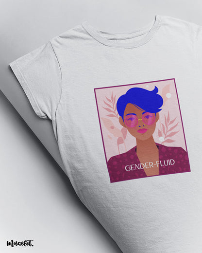 Gender fluid design illustrated graphic t shirt in white colour for LGBTQ+ pride community at Muselot