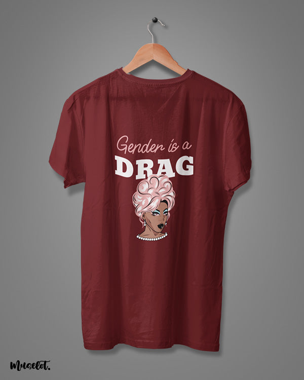 Gender is a drag design illustrated graphic t shirt in maroon colour at Muselot for LGBTQ+ pride community 