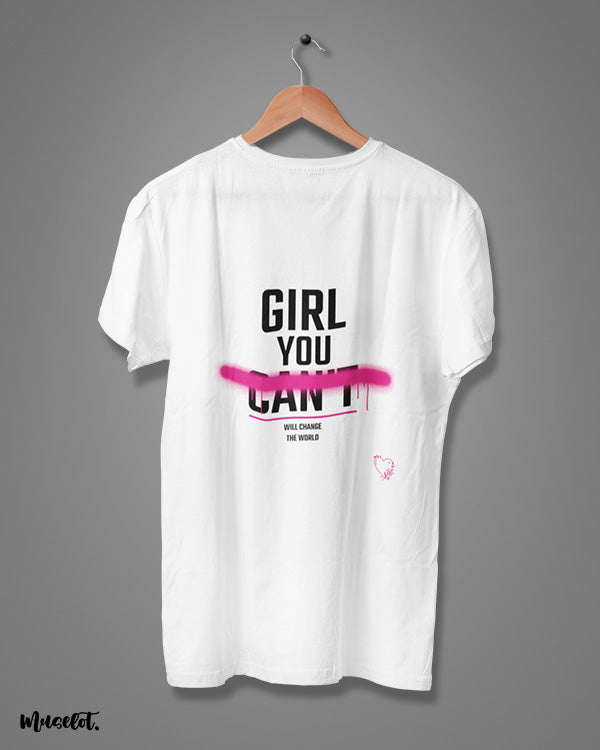 Girl you will change the world beautiful illustration printed t shirt for feminists in white colour at Muselot