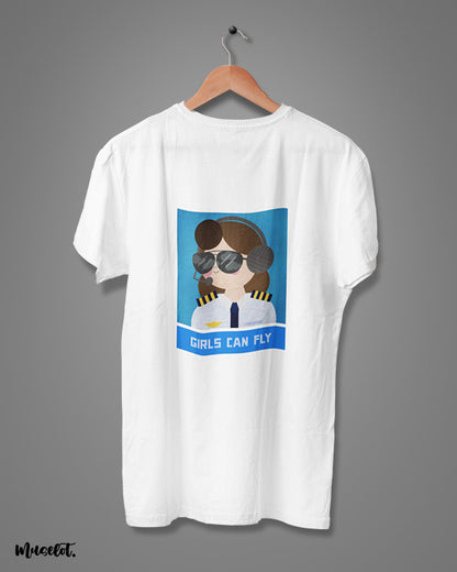 Girls can fly design illustrated graphic t shirt for air hostesses in white colour at Muselot