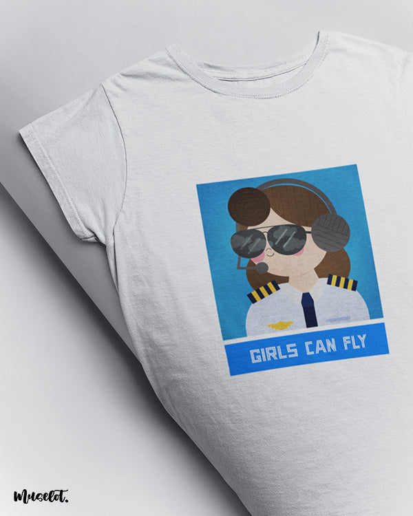 Girls can fly design illustrated graphic t shirt for air hostesses in white colour at Muselot