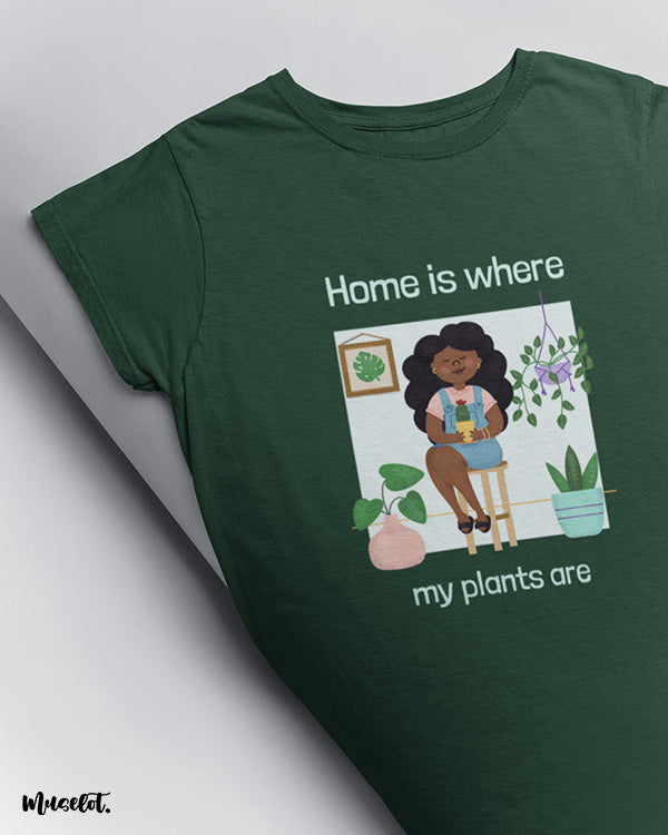 Home is where my plants are design illustrated graphic t shirt in olive green colour at Muselot