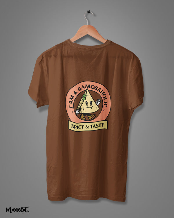 I am a samosaholic cute design illustrated graphic t shirt in coffee brown colour at Muselot 