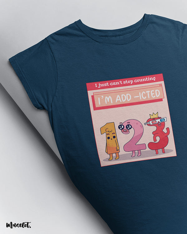 I am add-icted illustrated graphic t shirt in navy blue colour at Muselot