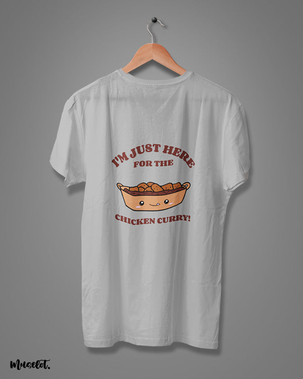 I am just here for the chicken curry funny illustrated printed t shirt in melange grey colour  at Muselot