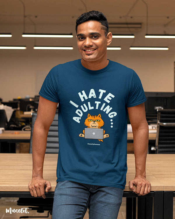 I hate adulting funny graphic design illustrated printed t shirts in navy blue colour at Muselot