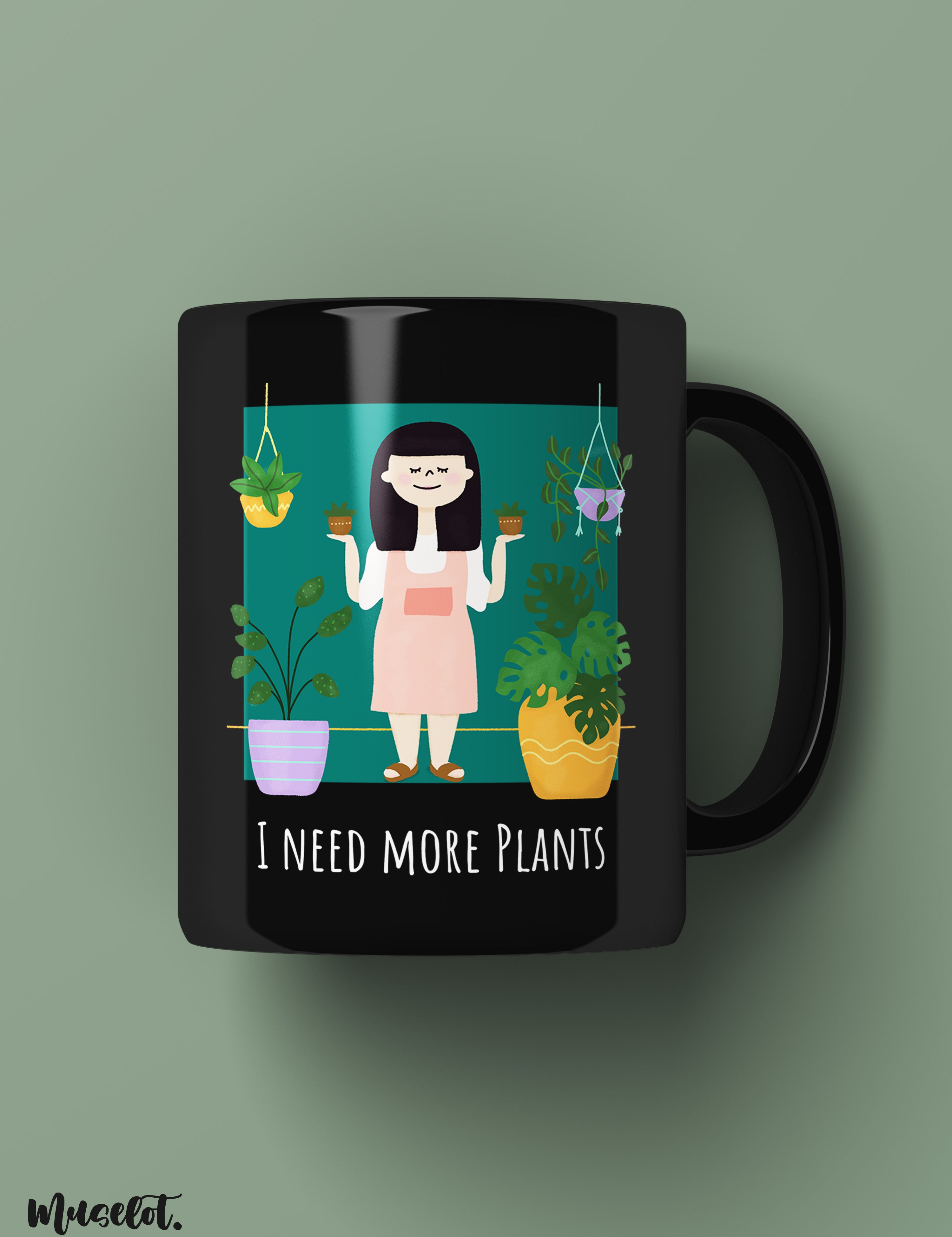 I need more plants cute illustrated black mugs which are microwavable and dishwasher safe - Muselot
