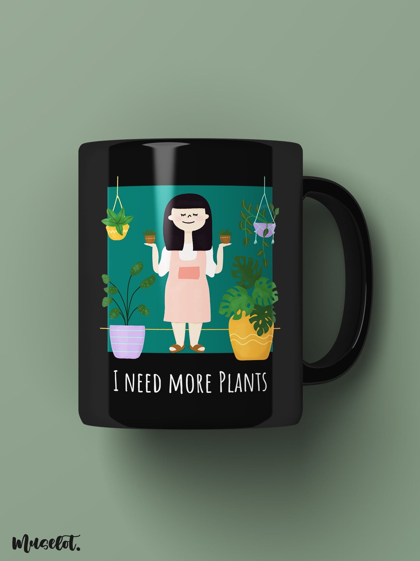 I need more plants cute illustrated black mugs which are microwavable and dishwasher safe - Muselot