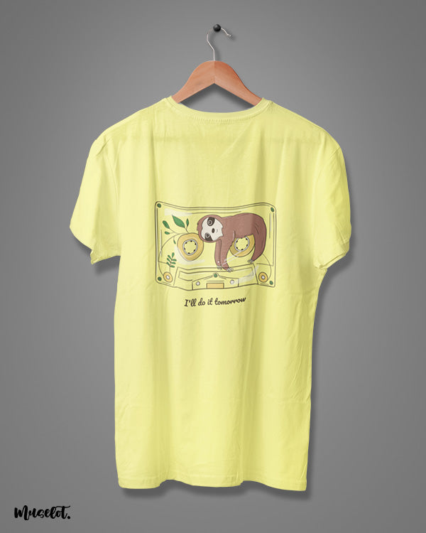 I'll do it tomorrow funny illustrated printed t shirt for lazy lads at Muselot in butter yellow colour