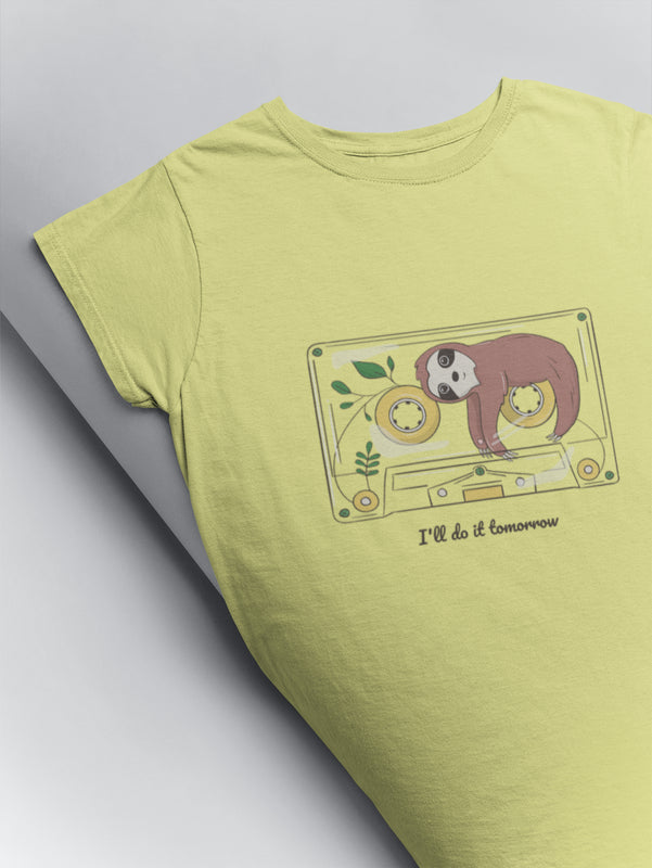 I'll do it tomorrow funny illustrated printed t shirt for lazy lads at Muselot in butter yellow colour
