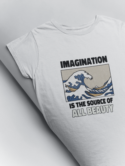 Imagination is the source of all beauty printed t shirts by Muselot in white colour 