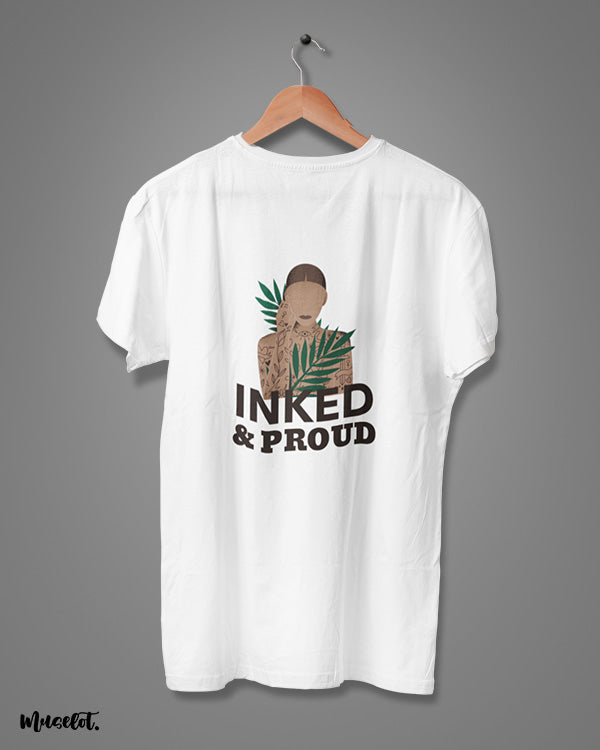 Inked and proud body positive graphic illustrated printed t shirt in white colour for women who love tattoos at Muselot