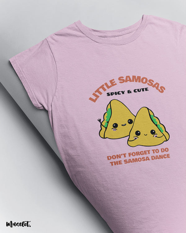 Little samosas spicy and cute design illustration printed t shirt for samosa lovers in light pink colour at Muselot