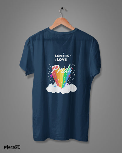 Love is love design illustration printed t shirt in navy blue colour for LGBTQ+ pride by Muselot