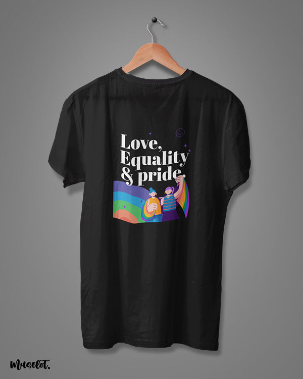 Love, equality and pride design illustration printed t shirt in black colour for LGBTQ+ pride by Muselot