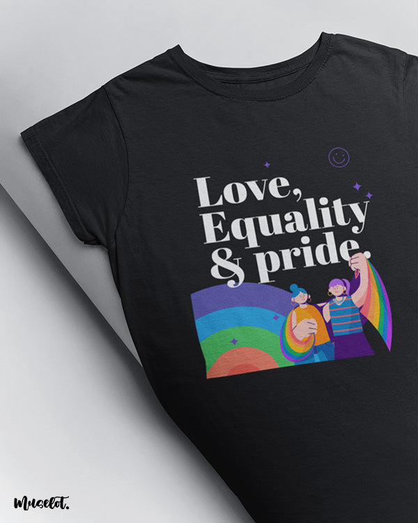 Love, equality and pride design illustration printed t shirt in black colour for LGBTQ+ pride by Muselot