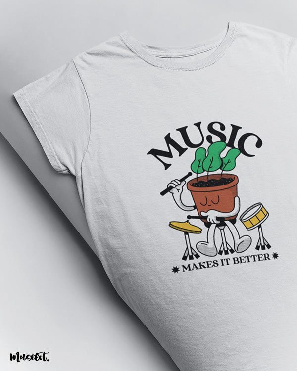 Music makes it better beautiful design illustration printed t shirt in white colour at Muselot