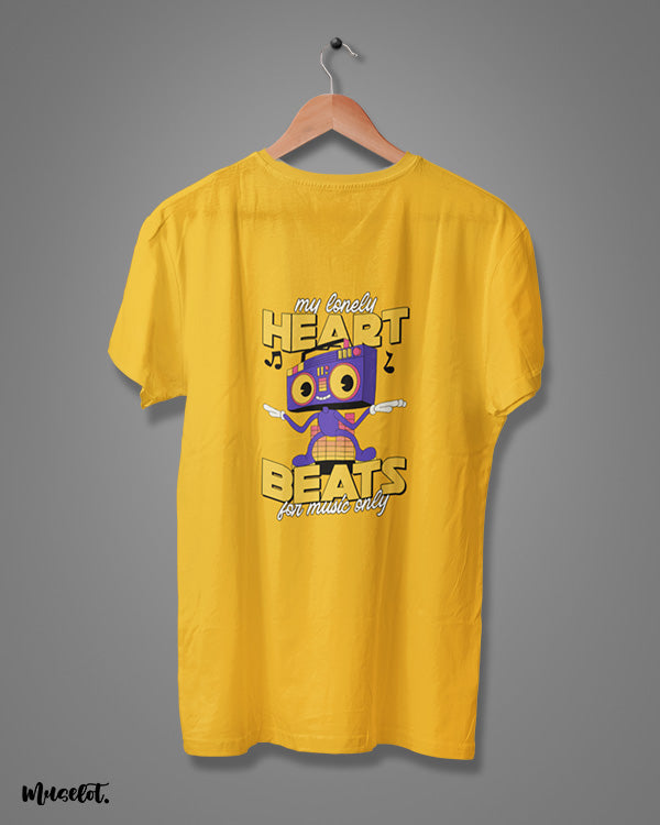 My heart beats for music only printed funny t shirts by Muselot in golden yellow colour 