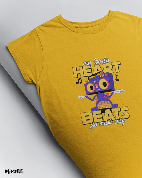 My heart beats for music only printed funny t shirts by Muselot in golden yellow colour 