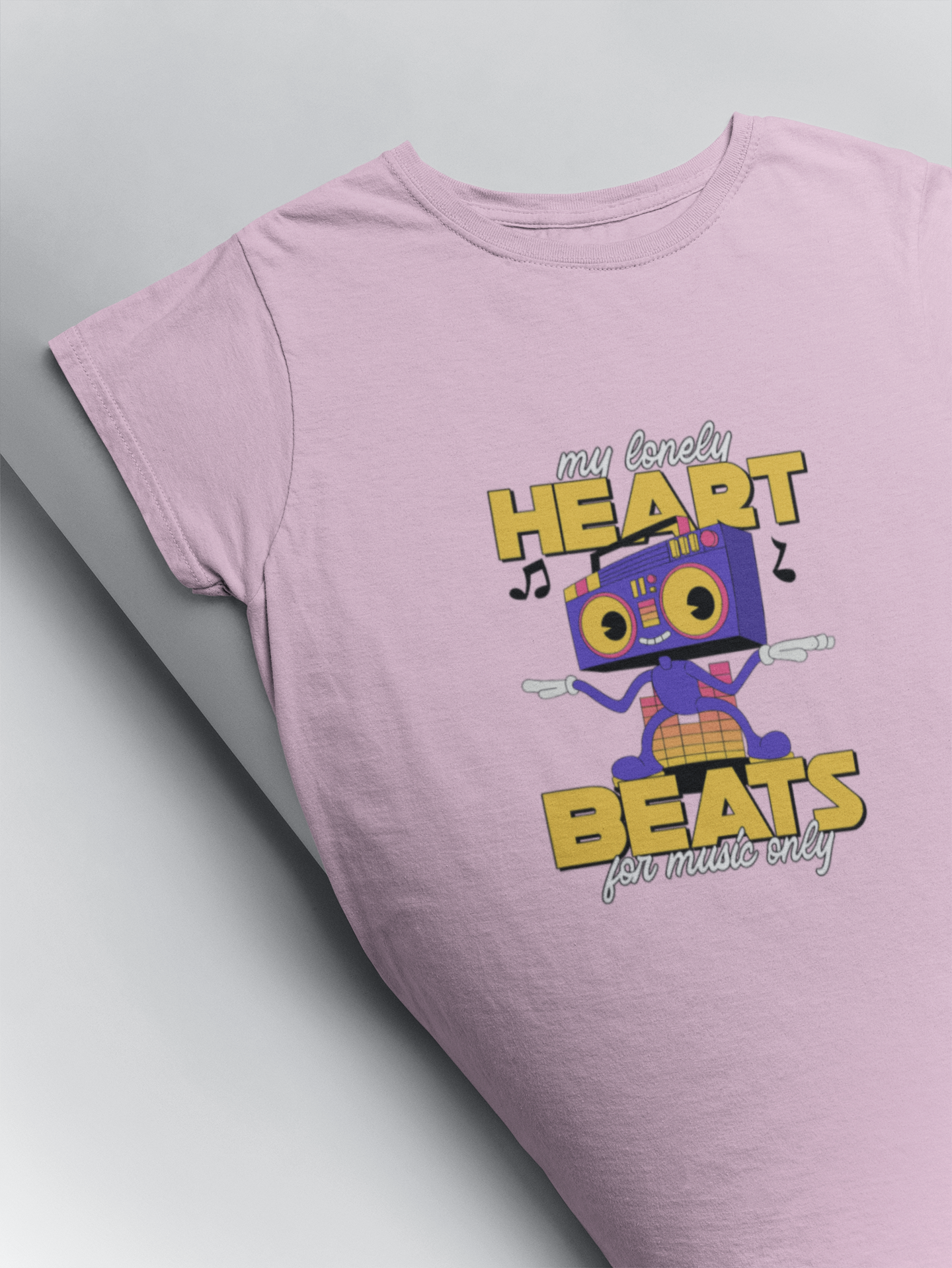 My heart beats for music only printed funny t shirts by Muselot in light pink colour 
