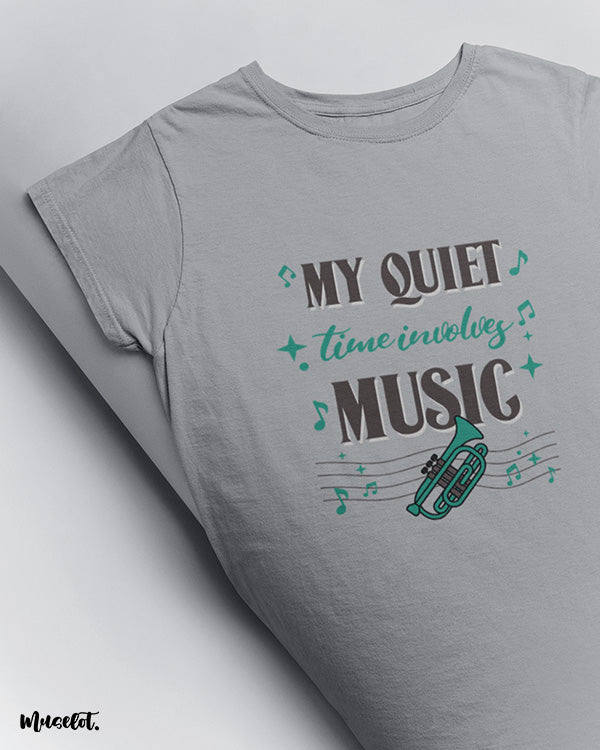 My quiet time involves music printed t shirts by Muselot in melange grey colour 