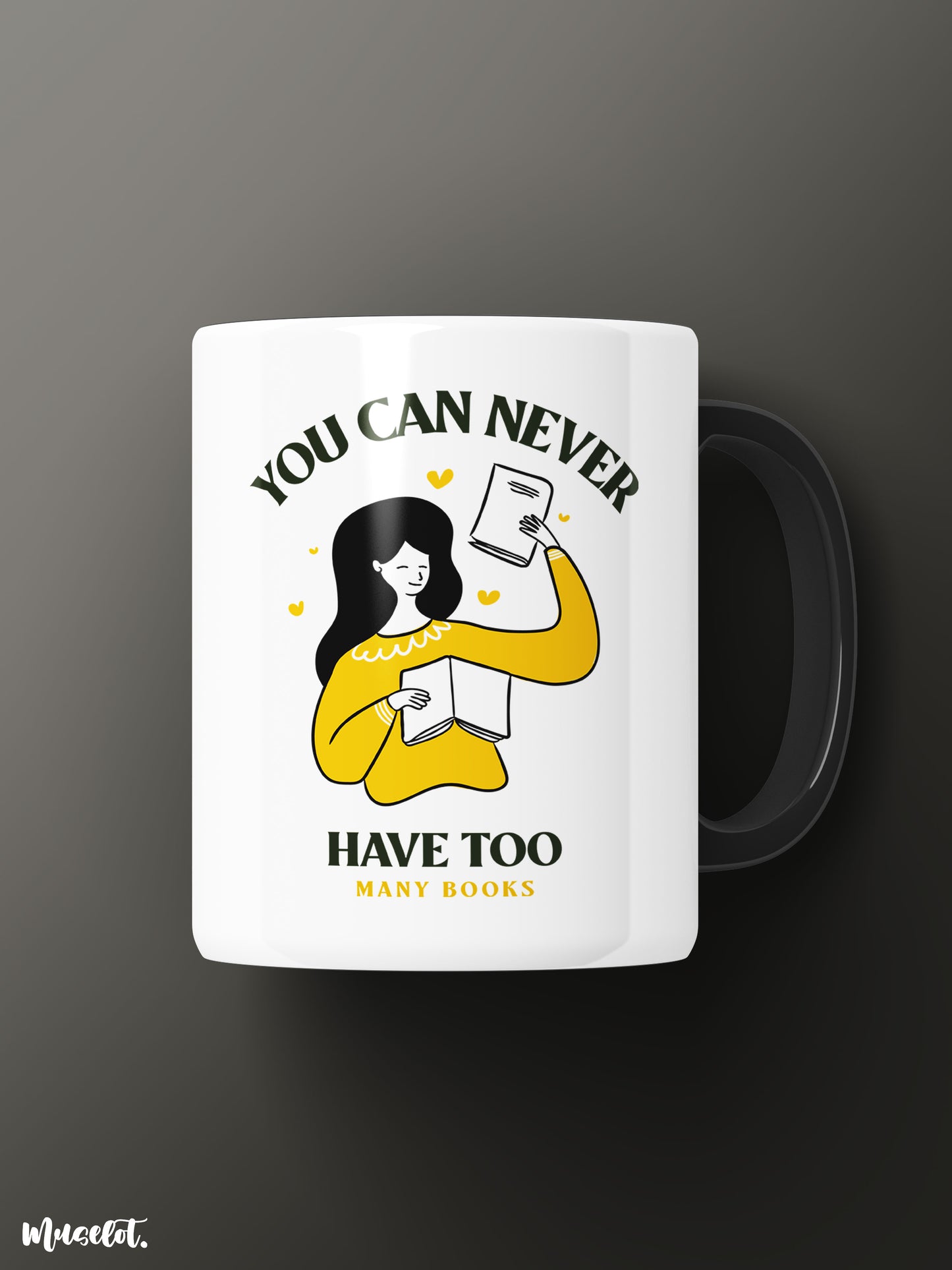 You can never have too many books printed white mugs online - Muselot