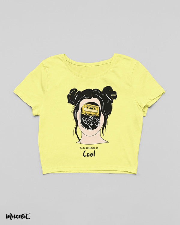 Old school is cool design illustrated t shirt crop tops for women in butter yellow colour at Muselot