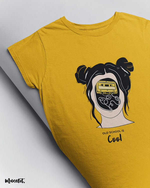 Old school is cool printed design illustrated graphic t shirts in golden yellow colour for old school music lovers at Muselot