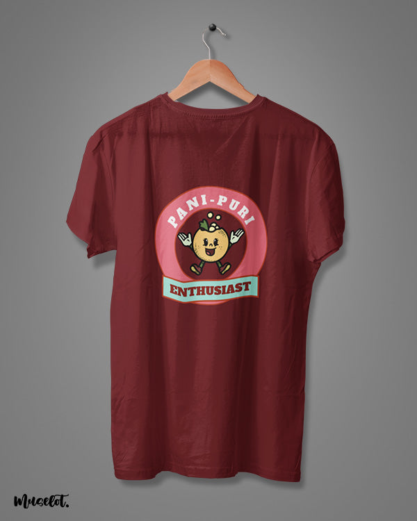 Pani puri enthusiast graphic illustrated printed t shirt in maroon colour for pani puri lovers at Muselot 